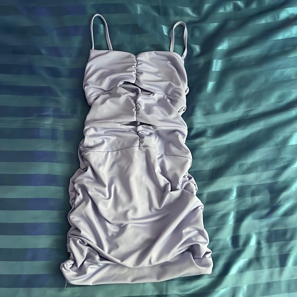 XS ruched lavender mini dress with front cut outs